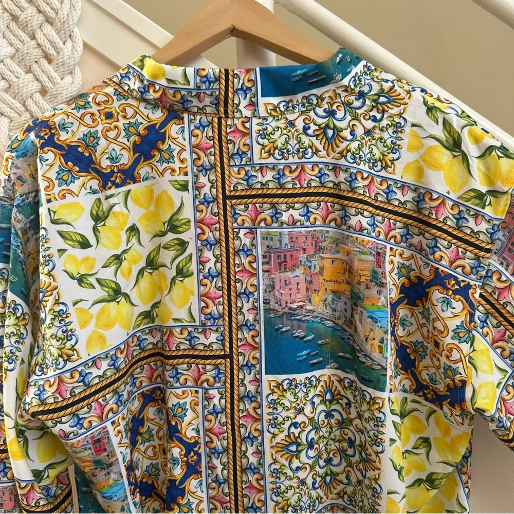 NWT Terez Amalfi Coast Patchwork Print Long Sleeve Blouse Yellow Blue Multi MED - Picture 11 of 16